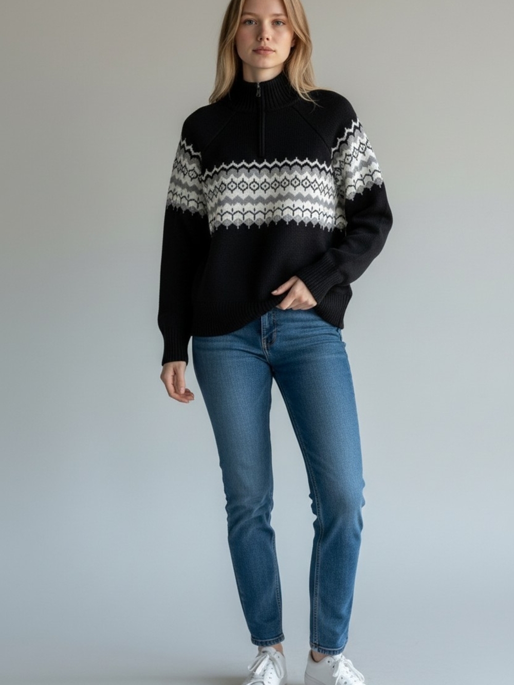 Tommy Hilfiger Women's 2X Nordic Mock Neck Sweater Black/Grey NWT